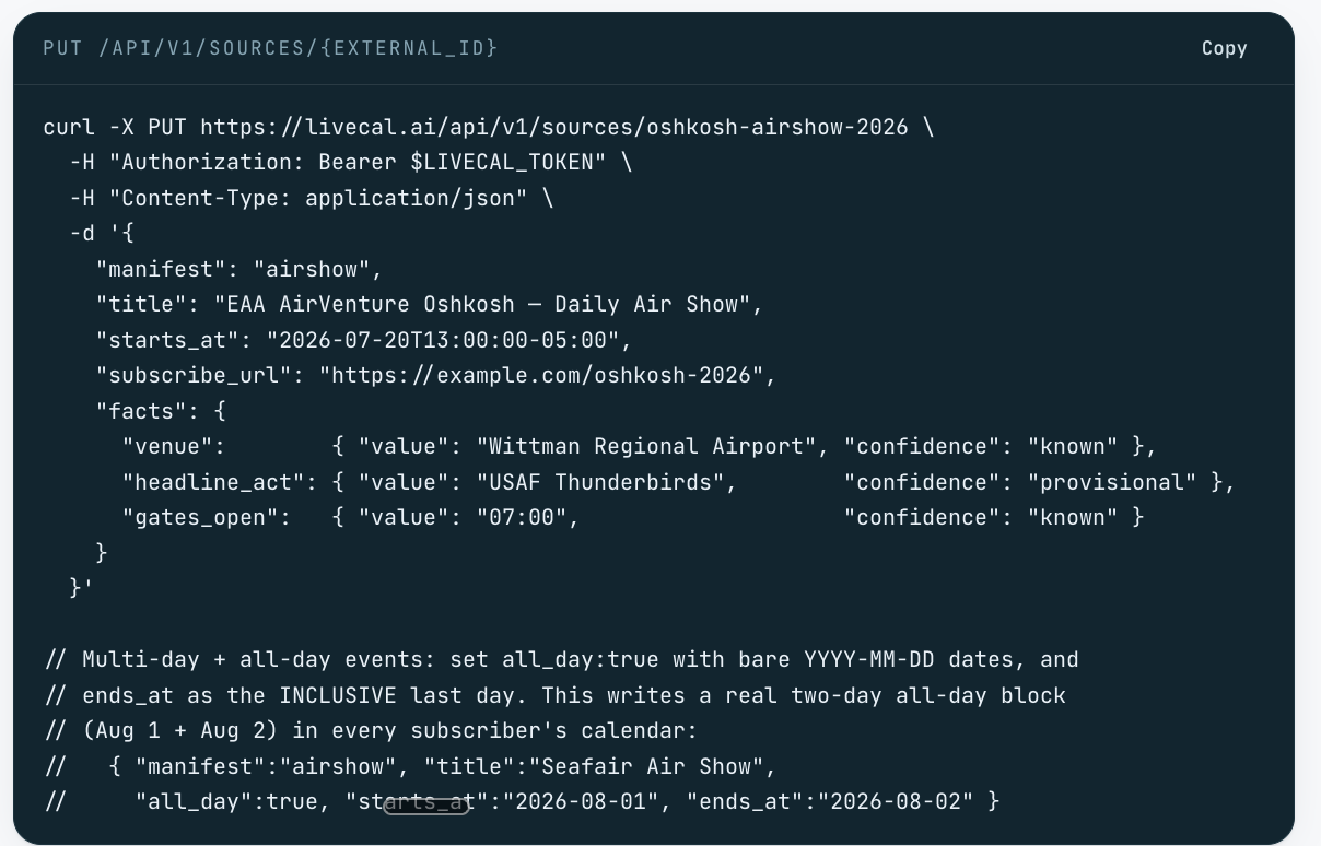 LiveCal Platform — connect and publish your events to LiveCal with a few lines of code